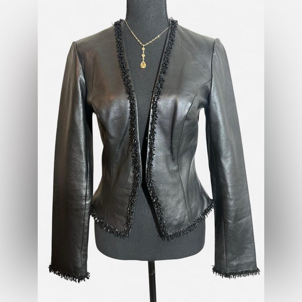 Cache Black Leather Jacket with Fringe Detail